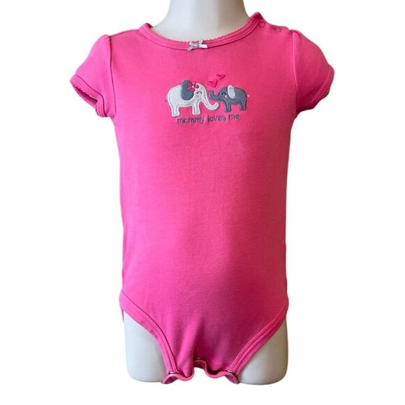 Carters Pink Baby Girls Bodysuit 18M Short Sleeve "Mommy Loves Me" Elephants - Picture 1 of 7